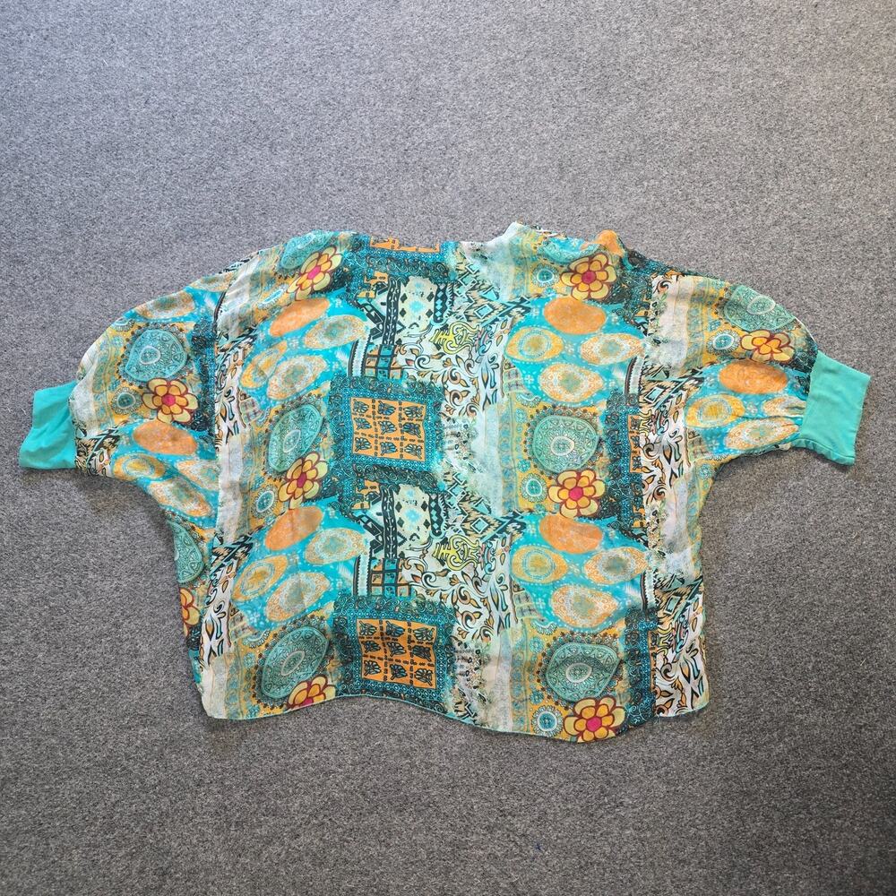 Tempo Paris Top Womens Size Small Green Patchwork Silk Short Sleeve Sheer Lined - Picture 9 of 10